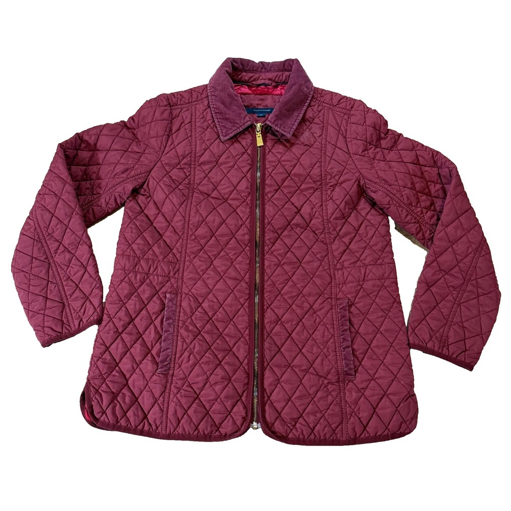 Tommy‎ Hilfiger Womens M Red Diamond Quilted Corduroy Accent Barn Chore Jacket